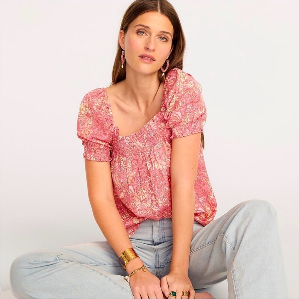 J Crew Squareneck Puff-Sleeve Cotton-Blend Voile Top in Bouquet Block Print Med